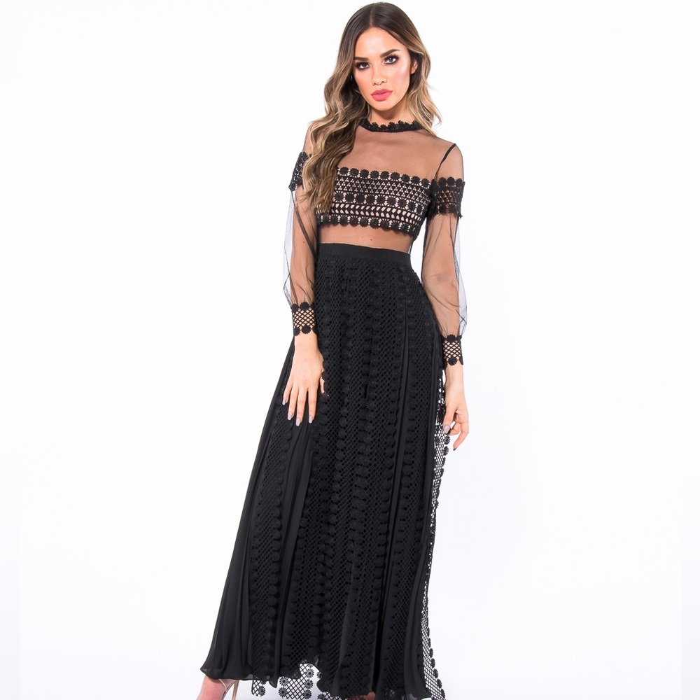 Elegant Black Lace Dress with Sheer Long Sleeves